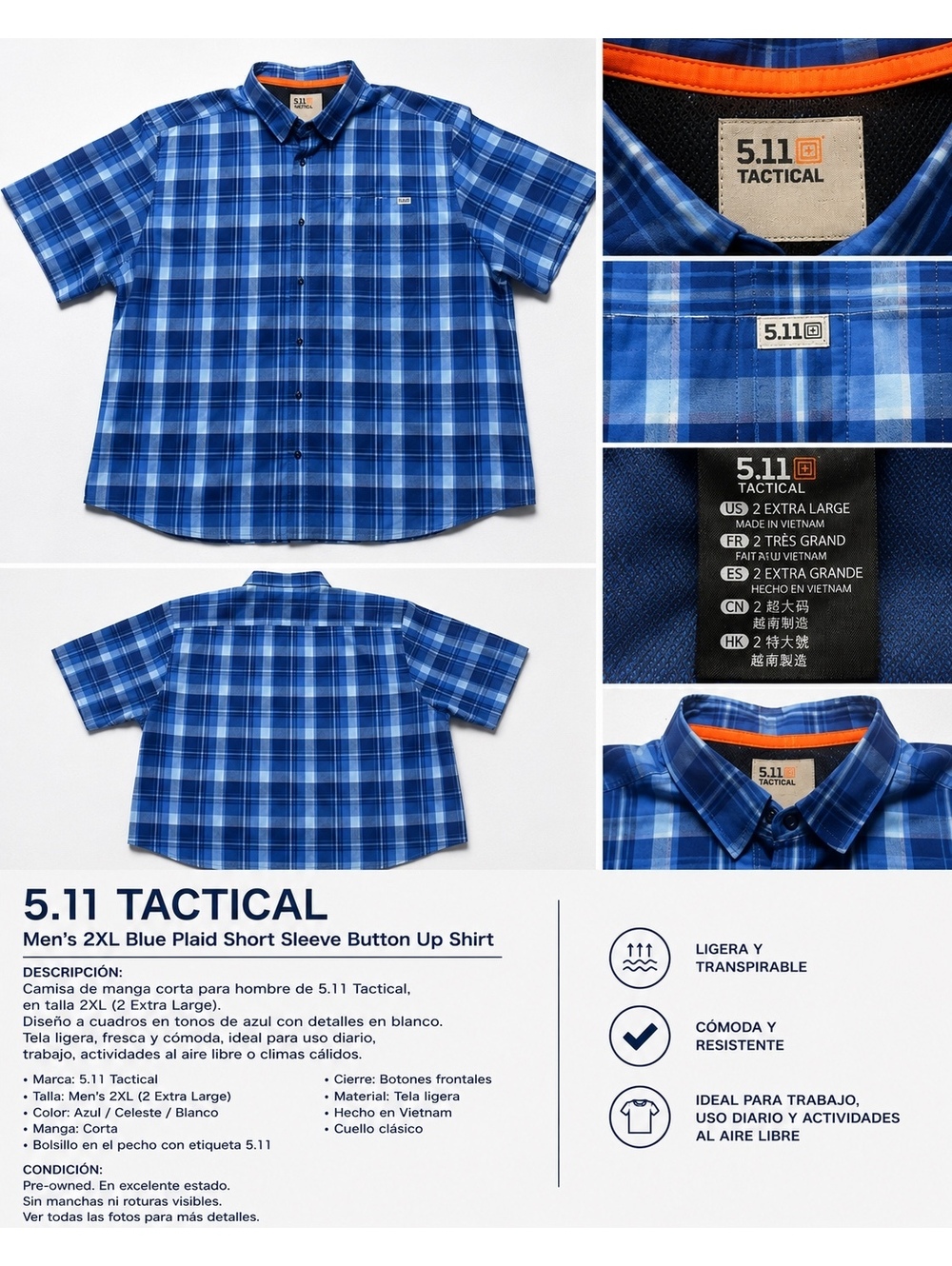 5.11 Tactical Men’s 2XL Blue Plaid Short Sleeve Button Up Shirt Outdoor Work